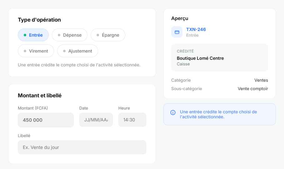 Écran Nouvelle transaction de Missika
